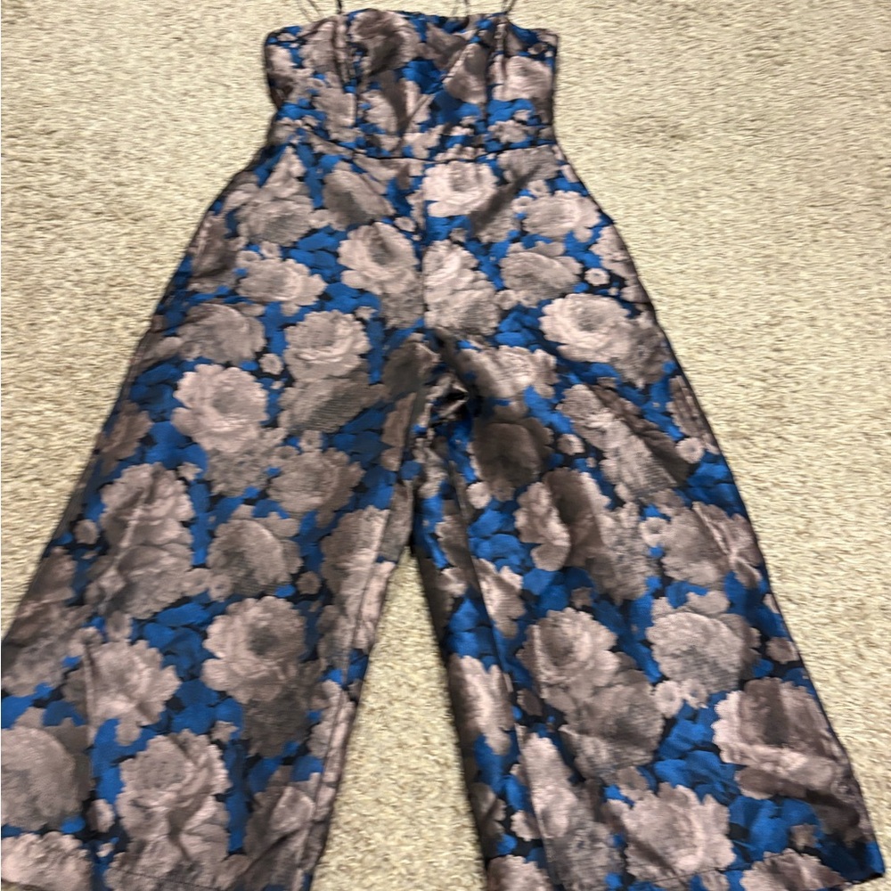 Greylin Blue and Gray Floral Jumpsuit Wide-Leg Silhouette